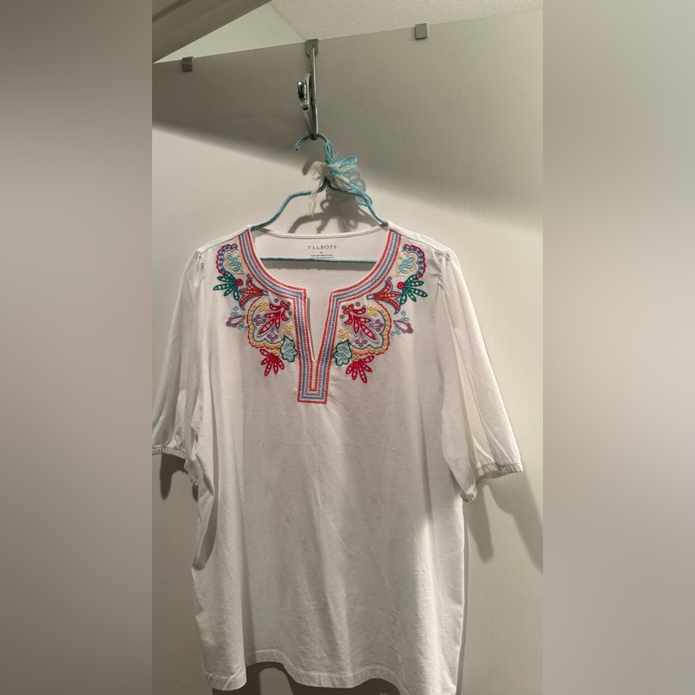 Talbots White Embroidered Split-Neck Tunic with Multicolor Detail